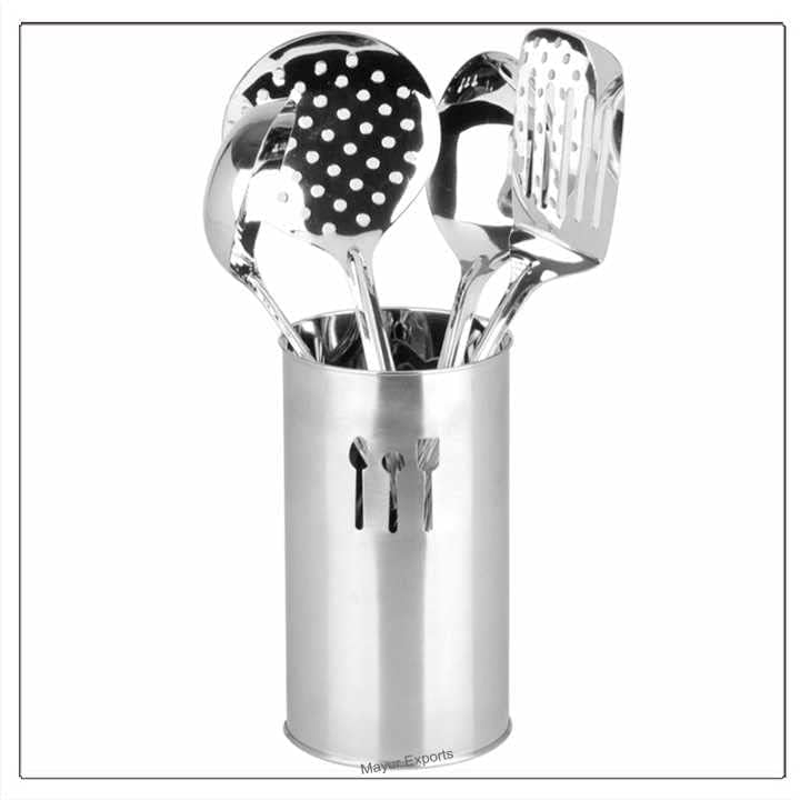 Image of 1 Pcs Stainless Steel Cutlery Holder 6'' (BIG) Round Kitchen Caddy, Crock, and Organizer for Cooking Spoons, Silverware, and Spatulas - Stylish Metal Container for Countertop, Silver