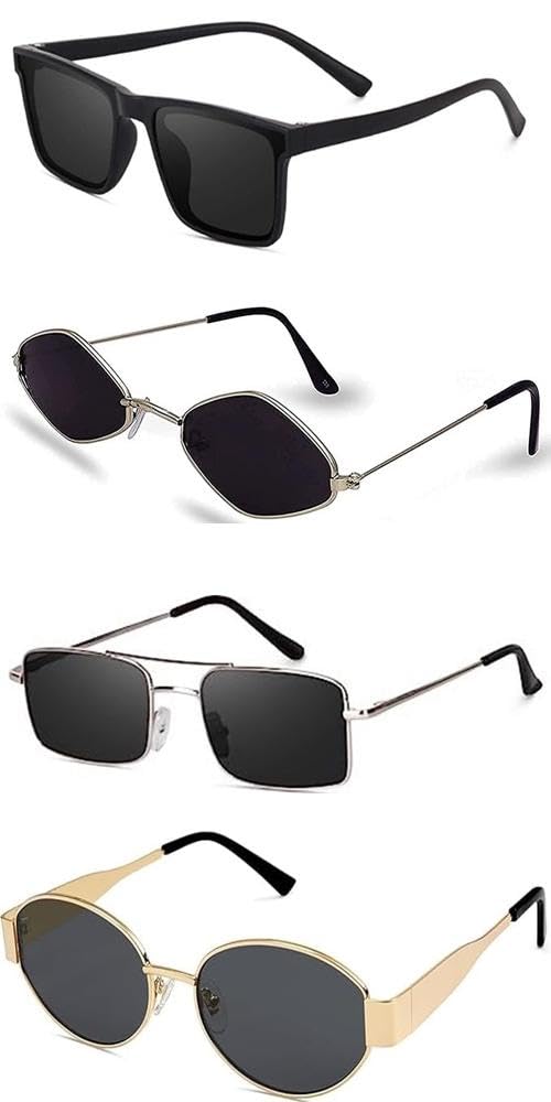 sheomy Unisex Combo Offer Pack Of 4 Shades Glasses Cat Eye Non Polarized Sunglasses Rectangle Retro Vintage Narrow Women::Men Small Narrow Square Sun Glasses Combo Offer Pack Of 4 ACAT-208,Black-picture-17