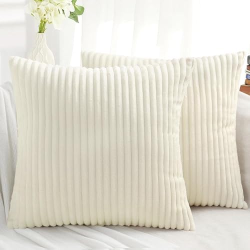 Simmore Decorative Throw Pillow Covers 18×18 Set of 2, Soft Plush Flannel Double-Sided Fluffy Couch Pillow Covers for Sofa Living Room Home Decor, Cream White