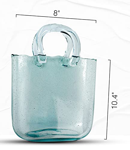 OLEEK Purse vase for Flowers (Handmade) Pink Glass Bag vase -10 Inches- Clear, Cool & Cute vase for centerpieces & Fish Bowl - Handbag Unique Flower vase Decorative - Wide Mouth Bubble vase for décor