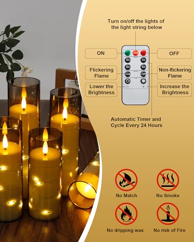Image of Enido Flameless LED Candles with Remote & Timer, Battery Operated Acrylic Pillar Set, 10 Pc Flickering Electric Lights with Embedded Star String for Cozy Home & Holiday Romantic Decor (Grey)