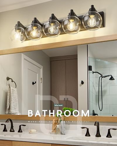 Image of Bathroom Light Fixtures, 5 Light Matte Black Vanity Light, 32 Inch Modern Wall Sconces with Globe Clear Glass Shade, Vanity Lighting Fixtures Over Mirror, VL195-MB-CL-5
