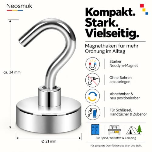 Neosmuk Magnethaken,Silber,20kg Kleiderhaken mit Neodym-Magnet,10er-Pack – Ansicht 2