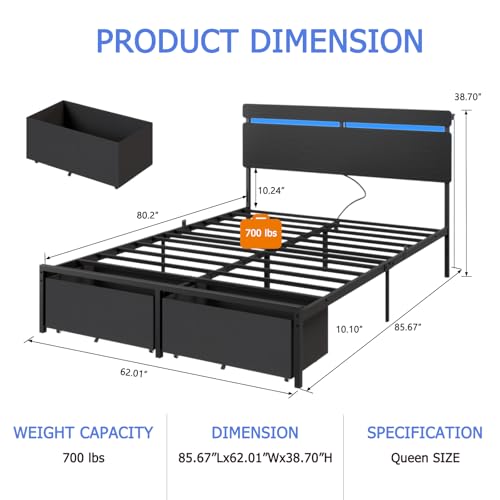 Image of Forestell Queen Bed Frame with Wood Headboard, Black Platform Bed with 2 Storage Drawers & Shelf, Built-in Charging Station & LED Lights, Metal Support, No Box Spring Needed, Cama Queen Size