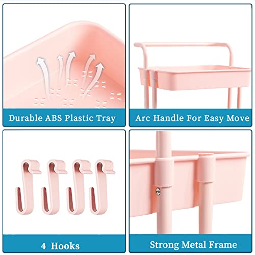 Danpinera 3 Tier Rolling Utility Cart With Hooks & Handle Storage Organization Shelves For Kitchen, Bathroom, Office, Library, Coffee Bar Trolley Service Cart, Pink #TOP2