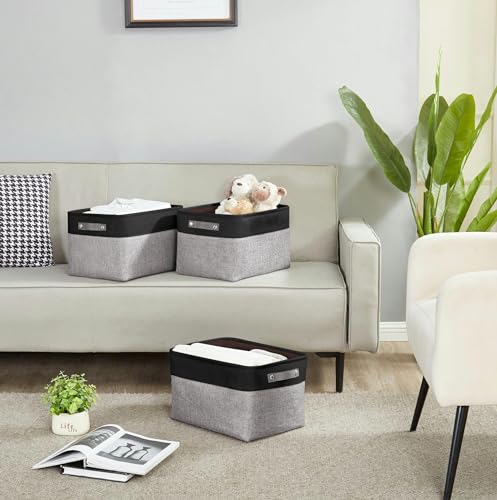 Image of DECOMOMO Large Foldable Storage Bin [3-Pack] Collapsible Sturdy Cationic Fabric Storage Basket Cube W /Handles for Organizing Shelf Nursery Home Closet & Office - Grey & Black 15 x 11 x 9.5