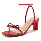 Athlefit Women's Rhinestone Bow Heels Open Square Toe Red Block Heels Ankle Strap Summer Sexy Party Dress Sandals Size 8