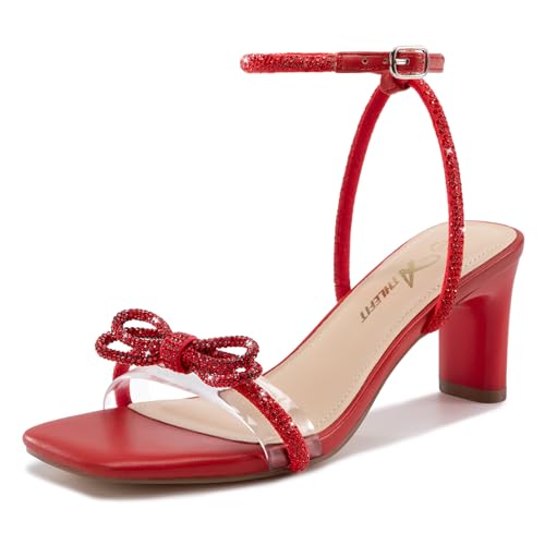 Athlefit Women's Rhinestone Bow Heels Open Square Toe Red Block