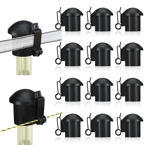 DoubleFill 12 Pcs Electric Fence Insulators and T Post Safety Cap T Post Safety Topper Black Plastic Insulators for Wood Posts Wire Holding Fencing Garden Farm Highway Sport Fences Supplies (Black)