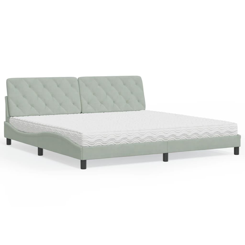 Jasnoszare aksamitne łóżko z materacem, 200 x 200 cm, rama łóżka Queen Size, falista konstrukcja, wytrzymały metal i drewno sosnowe, regulowany stopień twardości H2/H3 dla spokojnego snu