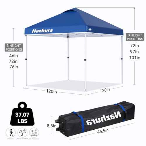 Nazhura 10' x 10' Pop Up Canopy Tent with Sand Weight Bag, Freestanding Sun Shelter for Picnic and Camping, One Person Setup and Height Adjustable (Blue) - Image 2