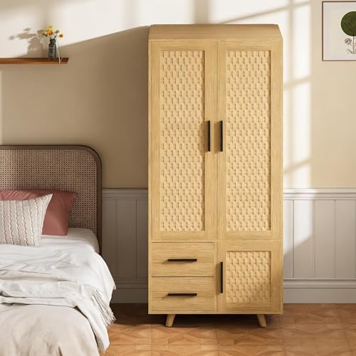 PerGar Armario de roble, armario para la colada con 2 cajones y tiradores de metal negro, 3 armarios, moderno estilo bohemio para dormitorio, modular, 176 x 52 x 80 cm