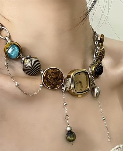 Vintage Watch Necklace with Gemstones, Seashell Charm, Gold-tone and Silver-tone Chain, Decorative Pendants2
