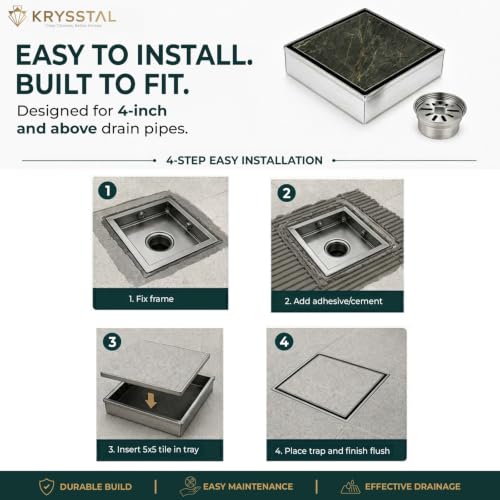 Image of KRYSSTAL 5x5 Inches Square Tile Drainer | Bathroom Drain Cover with Advanced Cockroach Trap | 1mm 304 Grade Stainless Steel Tile Insert Floor Drain Jali with Anti-Odour Floor Trap for 13mm Tiles