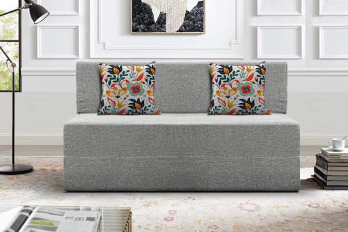 Image of Los Angeles Foldable Two Seater Sofa Cum Bed, Sofa Bed 4 X 6 Feet Jute Fabric Washable Cover- Including Cushion Perfect for Living Room - Grey