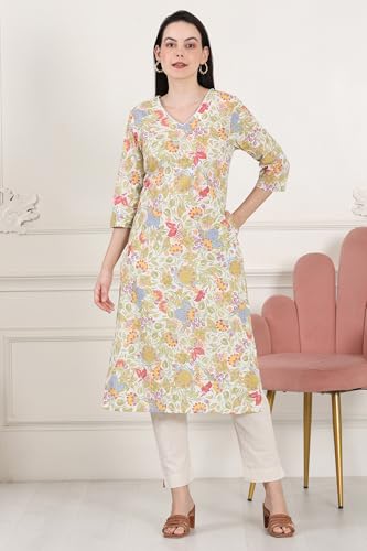 Image of White Floral Printed Pure Cotton Straight Kurta with Lace on Neck