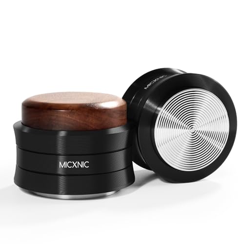 MICXNIC Palm Coffee Tamper, manomissione a molla da 58 mm per portafiltro da 58 mm, autolivellante per espresso con base in acciaio inossidabile, pressino per caffè 58 mm, noce e nero