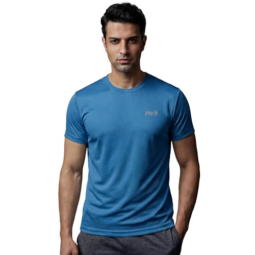 Image of playR Men's Polyester Adult Training Tee - Round Neck Half Sleeve Regular Fit DRIVENT, Lightweight Breathable Activewear for Gym Running Workout Yoga All Season