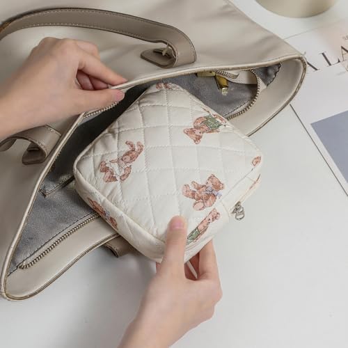 Small Quilted Cotton Makeup Bag for Purse, Cosmetic Bag with Compartments, Cotton Aesthetic Makeup Bag, Travel Toiletry Pouch, Key Pocket Lipstick Bag Card Holder Data Cable Organizer（01White Bear）3