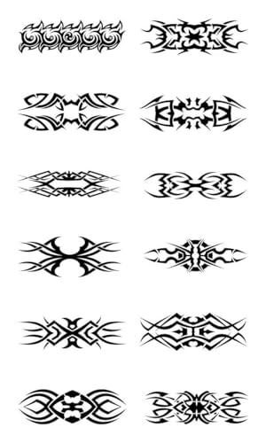 12 Sheets Tribal Style Temporary Tattoo Set for Men and Women, Black Ink Ring Finger Designs Mix fake Tattoos Small Black Tribal Multiple Pattern Tattoo Body Sticker for Men Women