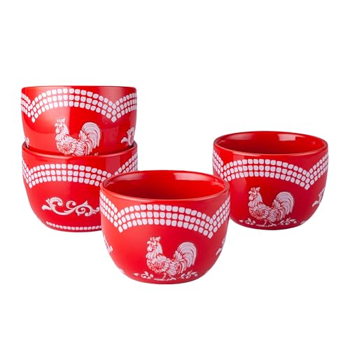 Temp-tations by Tara 8 oz Ramekins Oven Safe in Doodle Red - Set of 4 Creme Brulee Dessert Cups, Small Dipping Bowls for Baking, Ice Cream, Soufflé Dishes or Charcuterie, Ceramic Single Serve Dish