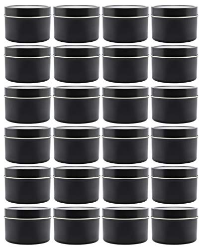 Cornucopia 4oz Metal Candle Tins (24-Pack, Black); Round Containers with Slip-On Lids for Party Favors, Candle Making, Spices, Gifts