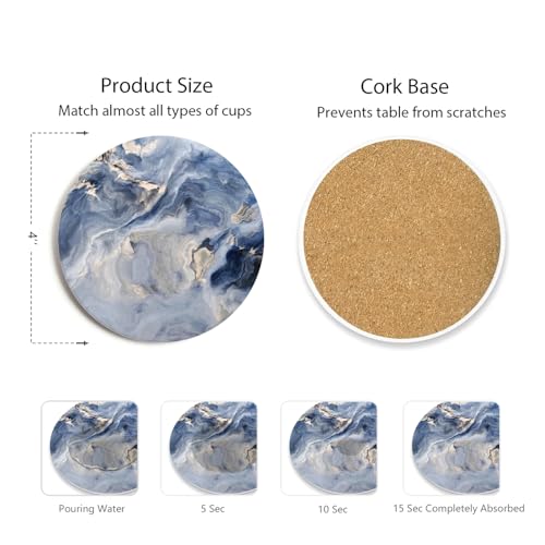 Image of Set of 6 Navy Blue Marble Coasters with Holder,Absorbent Ceramic Coasters for Drinks, Coasters with Cork Backing for Table Protection, Housewarming Gifts for New Home