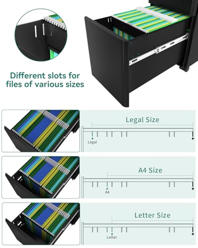 Lockable 3-Drawer Mobile Filing Cabinet for Home Office - Black - Image 6