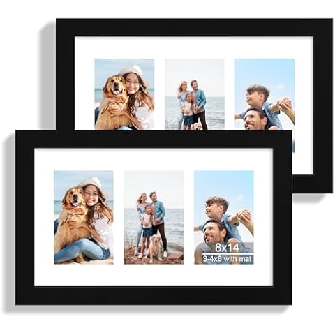 Hongkee 8x14 Picture Frame Set of 2, Black Wood Frame with Glass Collage Frame, Display Pictures 3-4x6 With Mat or 8 x 14 Without Mat - Horizontal or Vertical Wall Mounting Cover