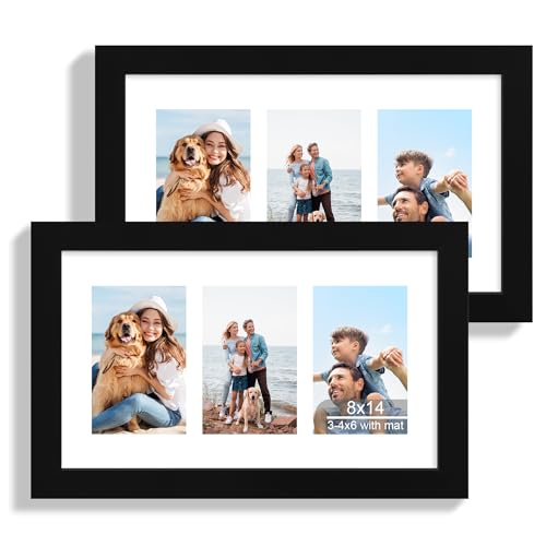 Hongkee 8x14 Picture Frame Set of 2, Collage Three 4x6 with Mat, Real Glass