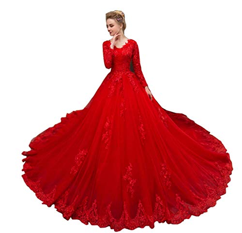 Keting Red Cathedral Train Appliques Tulle A Line Wedding Dress Lace Up  Corset Long Sleeve Bridal Gown : Clothing, Shoes & Jewelry