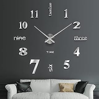 SOLEDI Wall Clock Frameless DIY 3D Wall Clock Large Wall Clocks for Living Room Modern Stick on Wall Clock, Silver