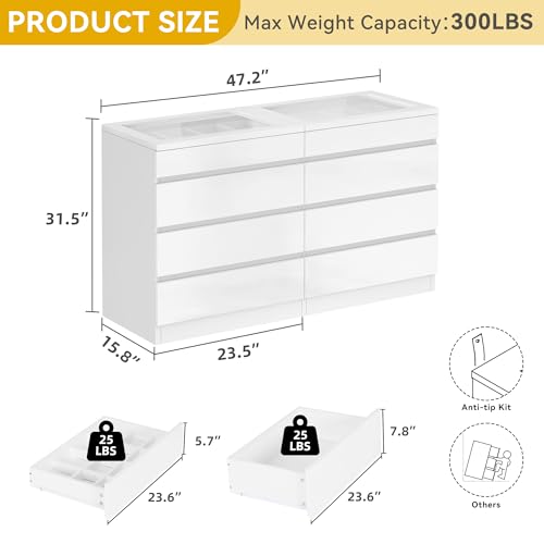 DWVO 8 Drawer Dresser with LED, White Dresser, Modern 8 Chest of Drawers with Deep Drawers Glass Top High Gloss Surface, Storage Organizer Cabinet for Living Room