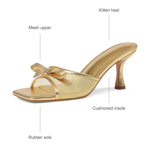 Image of Womens Heeled Sandals Open Square Toe Kitten Heels Sandals Slip On Bow Mesh Mules Heels Comfortable Dress Shoes for Party Wedding
