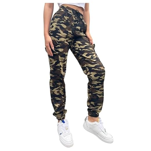 Nuofengkudu Joggers Camuflaje Pantalon Deportivo Mujer Elastico Cintura Alta con Cordon Cargo Bolsillos Tobilleros Harem Pantalones de Chándal Deporte Adolescente Jogging Casual Verde L