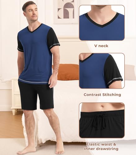Image of NACHILA Pajamas for Men Pj Short Sleeve Sleepwear with Shorts V Neck Loungewear Cool Pajama,Viscose Made from Bamboo