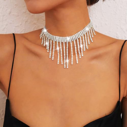 Sixexey Rhinestone Choker Necklaces Silver Neck Chain Sparkly Tassel Necklace Dainty Party Prom Necklace Jewelry for Women 5