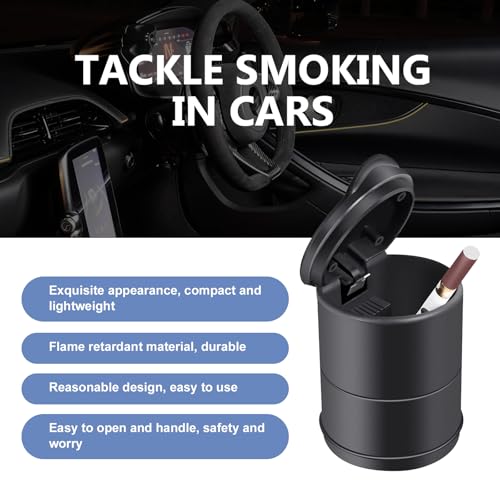 Image of Shakas Car Ashtray with Lid, One Hand Opening and Closing Creative LED Light Design High Temperature Resistant Flame Retardant Liner Small Trash Can, Portable Accessories for Most Cars (Black)