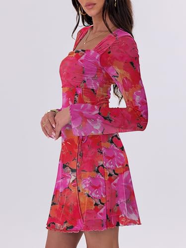 Image of Caracilia Womens Sexy Mesh Ruched Mini Dresses Long Sleeve Square Neck Tie Fall Club Party Cocktail Short Dress 2026 Fashion