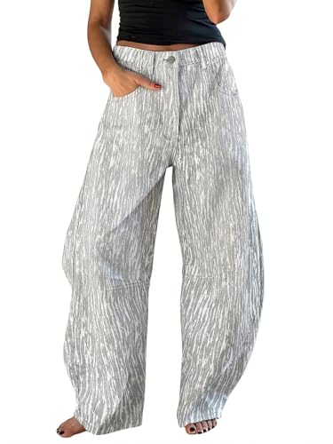 Image of EXLURA Womens Barrel Jeans Wide Leg Y2K Boyfriend Denim Pants Hip Hop Vintage Baggy Jeans Cotton Mid-Low Elastic Waist Pants
