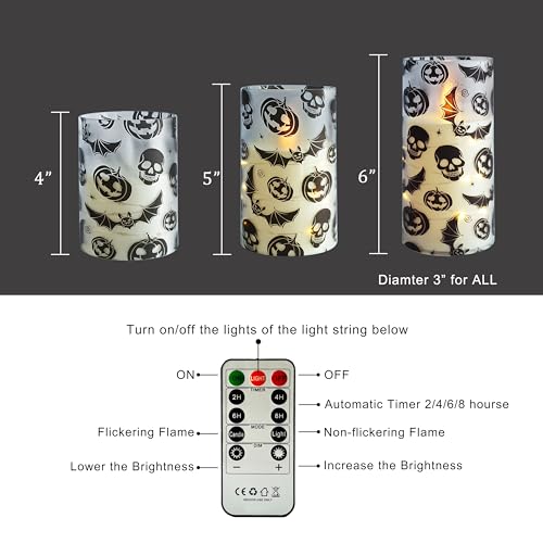 Image of Flickering Flameless Candles Halloween Bat Embedded Star String Lights, Battery Operated Acrylic LED Pillar Candles with 11-Key Remote and Timer for Home Decoration, 3 Pack