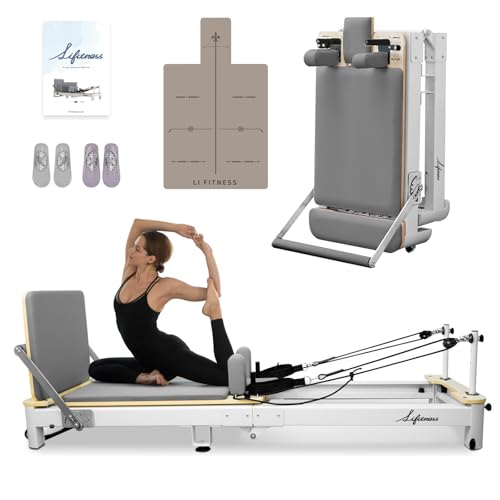 Li Fitness Pilates Reformer, Aluminium Foldable Pilates Machine with Springs, Reformer Box, Jumpboard, Pilates Socks and Mat, Pilates Machine for Home Workout and Gym Exercises White
