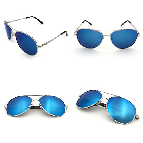 J+S Premium Military Style Classic Aviator Sunglasses, Polarized, 100% Uv Protection (Medium Frame - Silver Frame/Blue Mirror Lens) #TOP3