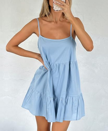 Image of Babydoll Dress for Women Spaghetti Strap Swing Dresses Sleeveless Short Flowy Dress Summer Loose Sundress