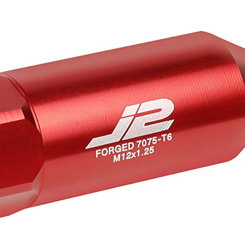 Image of J2 Engineering LN-T7-017-125-RD Red 20Pcs M12 x 1.25 7075-T6 Aluminum 90mm Spiked End Lug Nut w /Socket Adapter