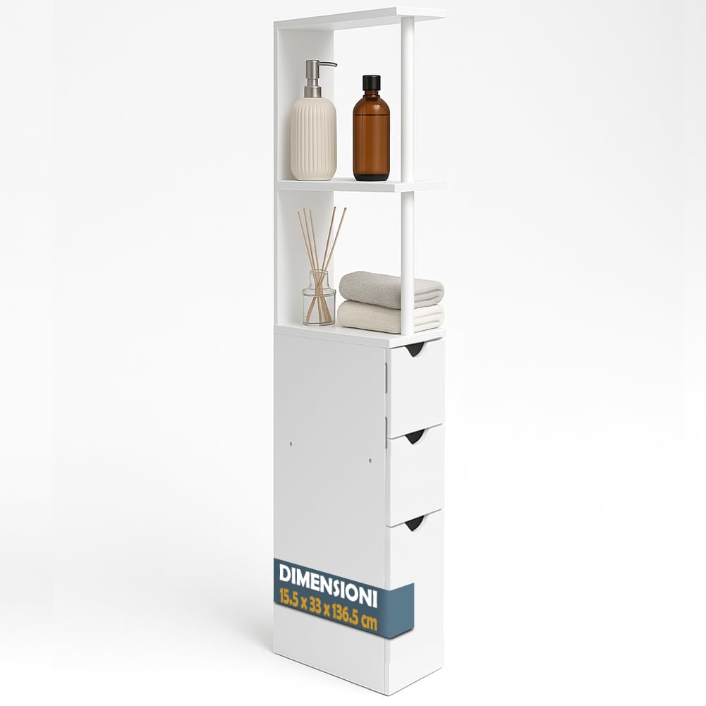 BAKAJI Mobile Bagno Alto Salvaspazio in Legno Bianco, Armadietto Slim con 3 Cassetti e 2 Ripiani, Armadio Multiuso per Ufficio, Studio, Casa, Mobiletto per Interni Design Minimal 33 x 15 x 136 cm