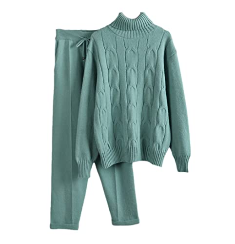 Survêtement cachemire épais col roulé femme ensemble 2 pièces vert oversize