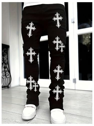 WDIRARA Men's Cross Graphic Jeans Raw Hem Long Denim Pants Streetwear4