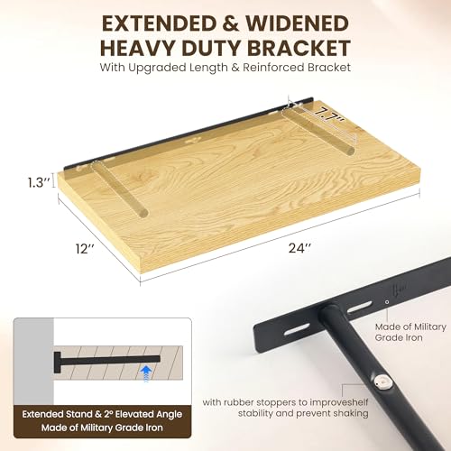 Image of Dreamland 24 inch Floating Shelves for Wall, 12 inch Deep Slim Oak Floating Shelves, Wall-Mounted Shelves for Bedroom, Living Room, Kitchen, Bathroom - Set of 2