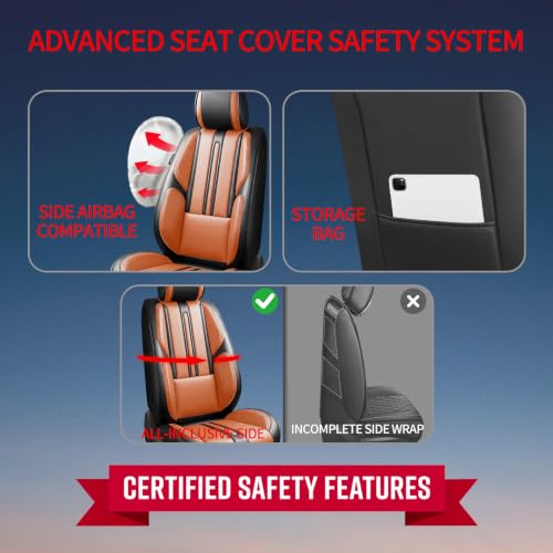 Image of Fit Sierra Car Seat Covers (Only Front 2 Seats) Compatible with GMC Sierra 1500 /2500 /3500 2000-2026-Full Coverage Breathable Leather,Airbag Compatible,Waterproof & All-Weather,Black-Brown